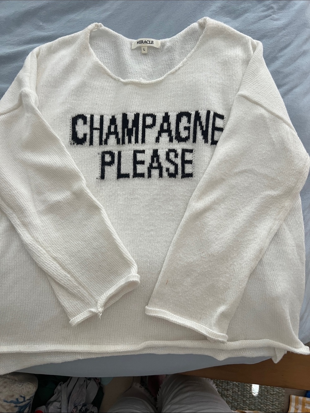Miracle White Knit Sweater with Black 'CHAMPAGNE PLEASE' Text